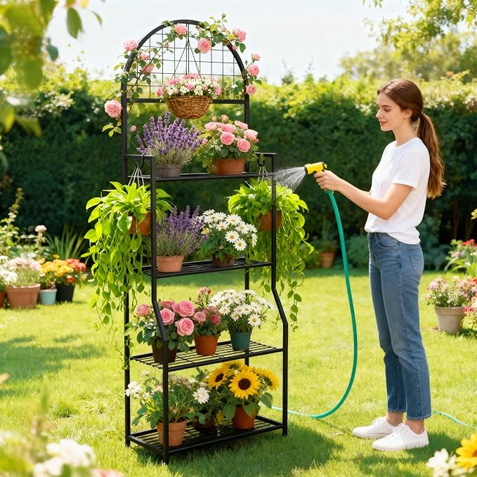 4 Tier Plant Stand Indoor Outdoor, Metal Plant Display Stand Plants Shelf Rack for Multiple Plants, Black Flower Plante Pots Holder for Patio Garden Balcony Living Room