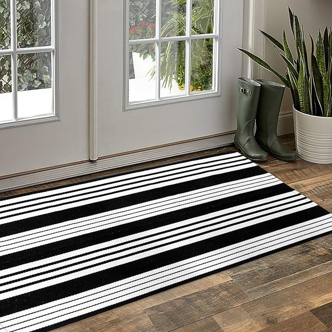 OJIA Black and White Striped Outdoor Rug 24''x51'' Washable Front Door Mat Outdoor Entry Rug Doormat Outside Door Mat Cotton Woven Indoor Area Rugs for Porch/Entryway/Entrance Decor
