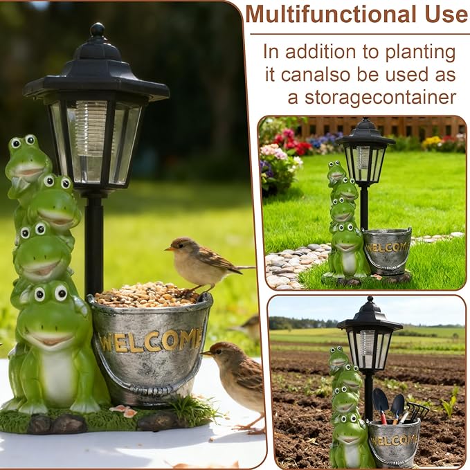 Frog Solar Garden Outdoor Statue with Lantern and Flowerpot Patio, Balcony, Shelf, Tabletop, Lawn Decoration - Unique Housewarming, Birthday, Thanksgiving, Mom Gifts