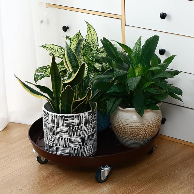 3 Packs 20 inches Metal Plant Caddy with Wheels Extra-Large Rolling Plant Stand Heavy-Duty Iron Plant Dolly Casters for Indoor Outdoor Flower Pot Mover Roller Coasters, Dark Coffee