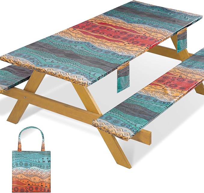 Fitted Waterproof Picnic Table Cover with Bench Covers Heavy Duty Elastic Outdoor Camping Tablecloth for 8 Foot Rectangle Tables Summer Rv Accessories Patio Garden Road Trip Essentials Gifts