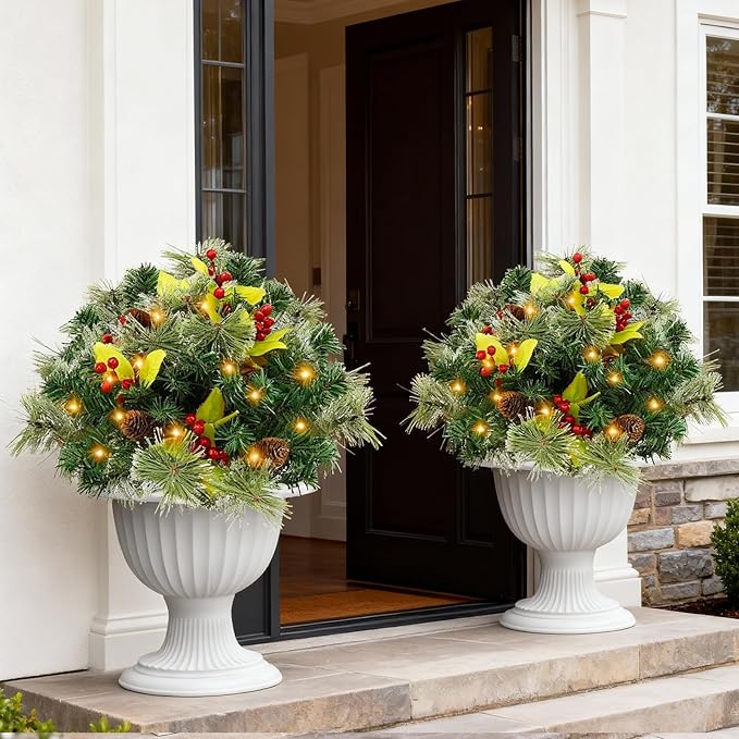 JOYHALO 2 Pack Set 18 Inch Christmas Urn Filler with 60 Warm White Lights, Battery Box with Timer, Xmas Pot Fillers with Branches Berries Pinecones, Outdoor Xmas Trees for Porch Pathway Yard Decor