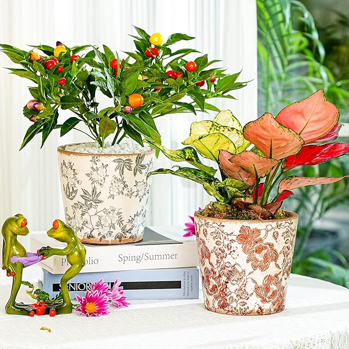 Sungmor Vintage Ceramic Planter Set of 3 - Decorative Indoor & Outdoor Flower Pots with Drainage Holes - Tuscan Décor Pots, 5.5" Ice Crackle Glaze Planters for Home, Kitchen, Patio, and Garden