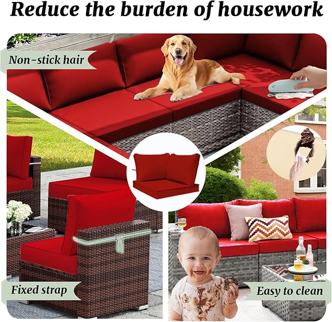 Outdoor Sectional Cushions Replacement Set, 26x26in Patio Furniture Cushions, 14 Pieces Waterproof Outdoor Couch Cushion for 6 Seat Wicker Conversation (Red)