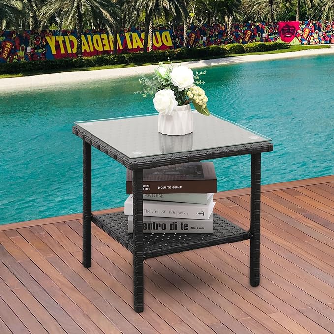 Valita Outdoor Wicker Glass Top Side Table Patio Rattan Square End Table, Black