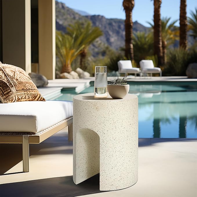 LuxenHome Mod Cream Cement Round with U-Shape Outdoor Side Table, Set of 2