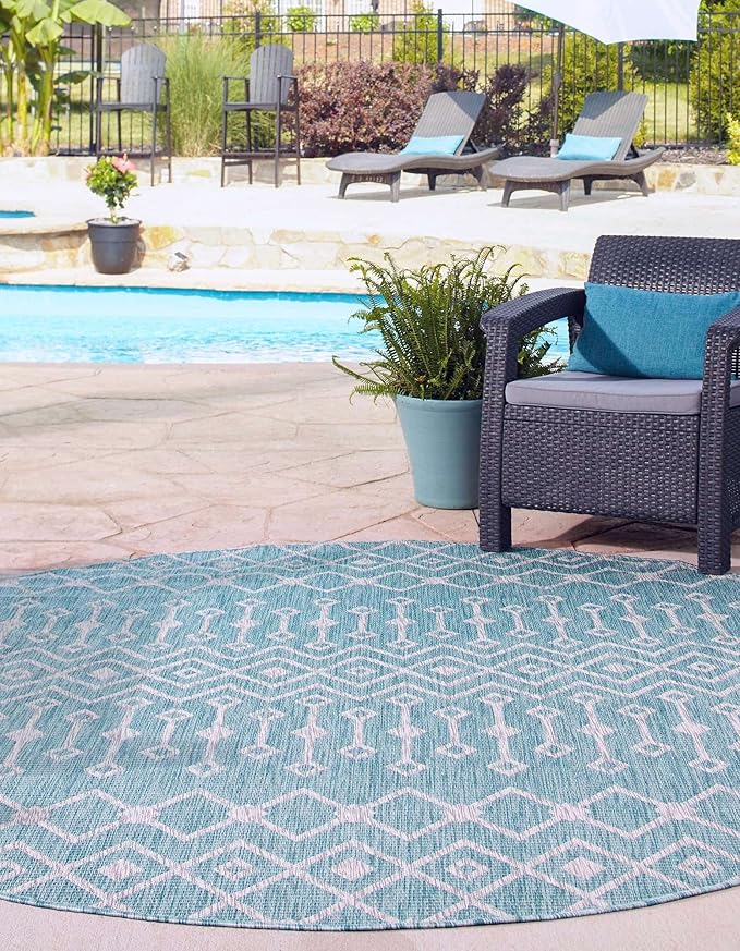 Unique Loom Outdoor Trellis Collection Area Rug - Tribal Trellis (13' Round, Aqua/ Ivory)