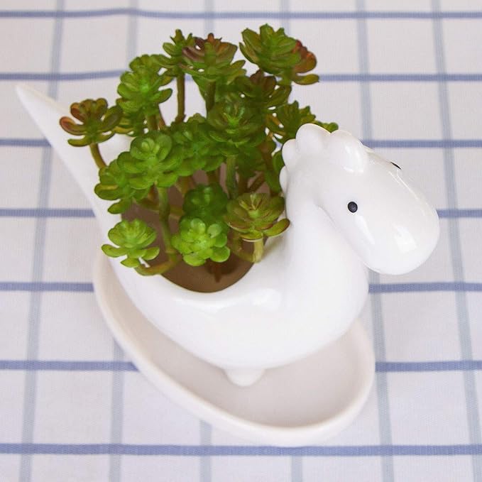 VanEnjoy Desktop Cute Cartoon Herbivorous Dinosaur White Ceramic Succulent Pot with Tray, Bonsai Cactus Flower Pot Vase Holder Decorative Organizer