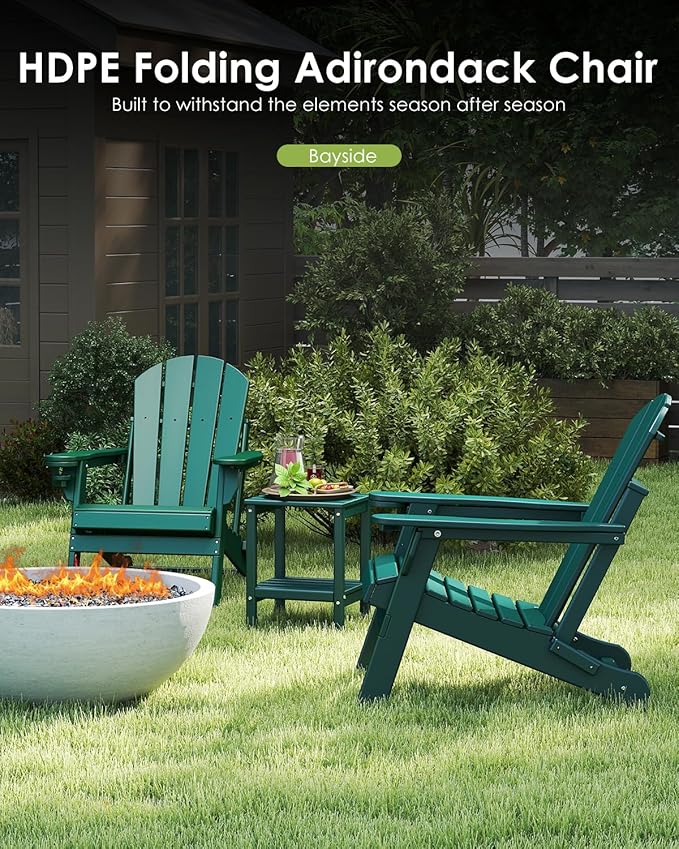 GREENVINES Folding-Adirondack-Chairs-Set-of-2 | HDPE Plastic | Fire Pit Chair | All Weather | Cup Holder | Forest | for Deck Backyard Patio Outdoor Garden