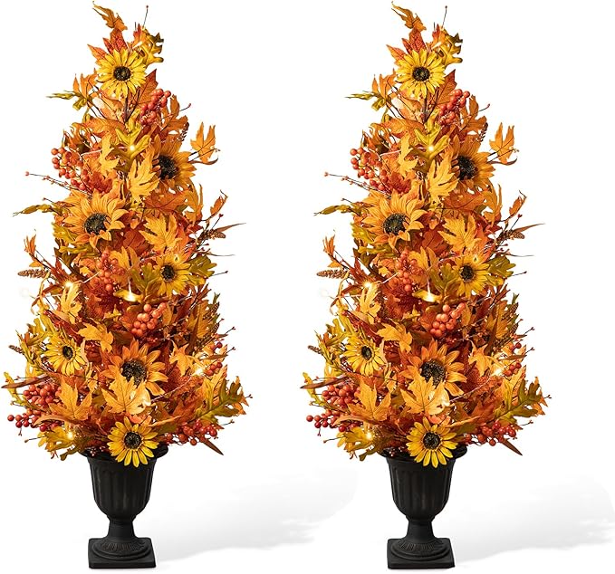 Glitzhome 2 Pcs 4FT Lighted Maple Tree with Timer, Artificial Fall Autumn Maple Leaf & Sunflower Urn Porch Tree with 20 Warm White LEDs for Autumn Fall Harvest Thanksgiving Christmas Decoration