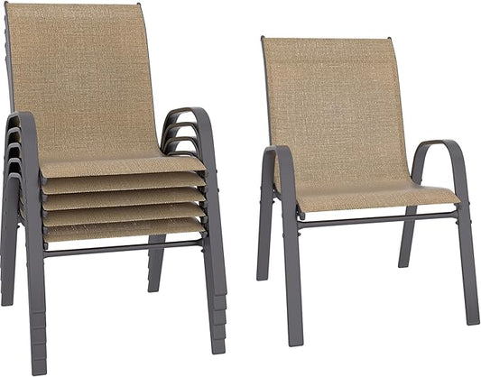 Betterhood Patio Chairs Set of 6, Stackable Outdoor Dining Chairs Set with Breathable Seat Fabric, All-Weather Powder-Coated Metal Frame for Deck, Pool Side and Backyard, 350LBS Capacity (Khaki)