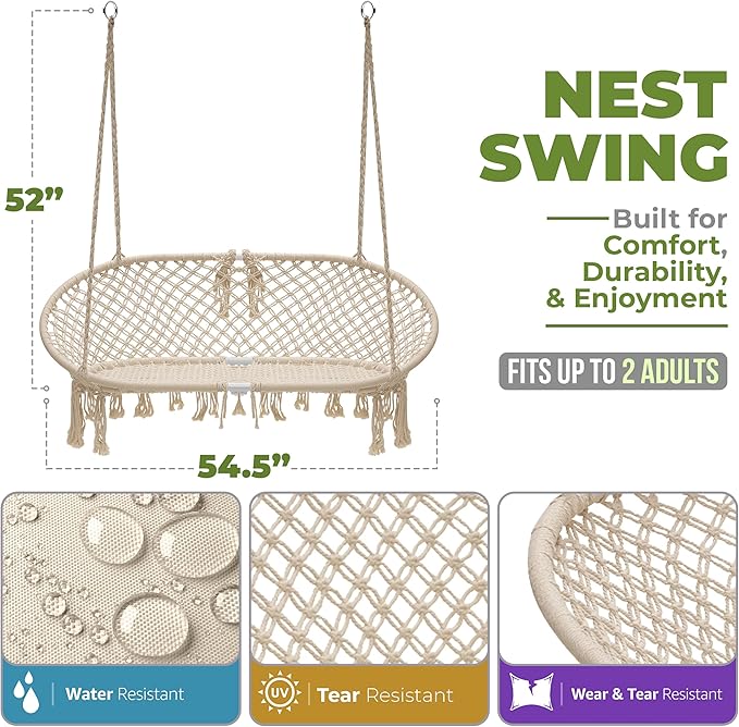 Sorbus Hammock Chair Macrame Hanging Swing Bench, Perfect for Indoor, Outdoor, Teens Girl Bedroom, Home, Room, Patio, Deck, Yard, Garden, Knitted Floating Swinging Bench, (Double Swing)