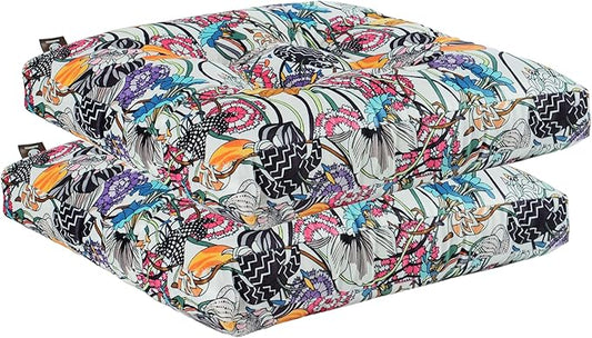 2-Pack Outdoor/Indoor Wicker Patio Seat Cushion Pad with Ties - Dining Chair Cushion, 17" x 17" (Black Purple Flowers)