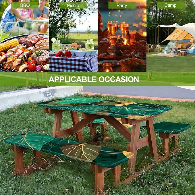 Picnic Table Cover with Bench Covers Set of 3 - Tropical Monstera Green Botanical Leaves Pattern, Elastic Fitted Tablecloth for 6 Ft Tables, Washable Polyester Cover for Patio, Indoor & Outdoor