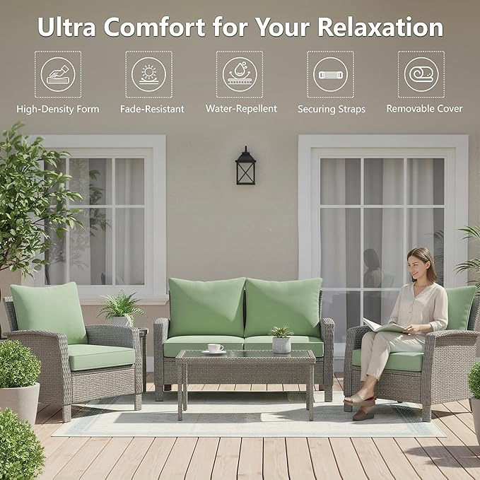 24x24 Inch Outdoor Chair Cushions Set of 4, Patio Furniture Cushions - Removable Cover, Water-Repellent, Fade-Resistant, Non-Slip Bottom & Straps, Replacement for Deep Seat Sofa & Couch - Sage Green