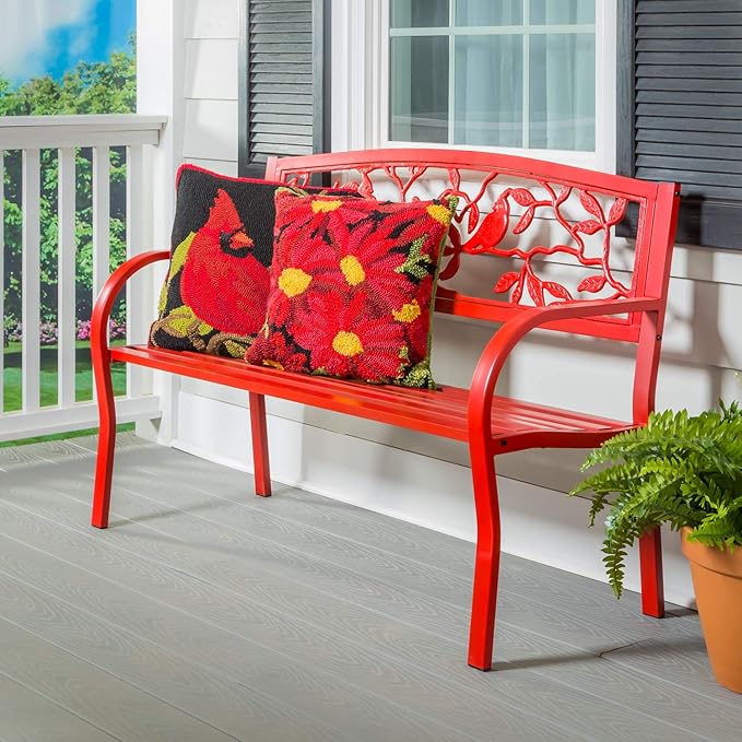Evergreen Weatherproof Cardinal Outdoor Bench | Holds Up to 300 lbs | Furniture for Lawn Garden Patio Porch Park Deck | Steel | Red