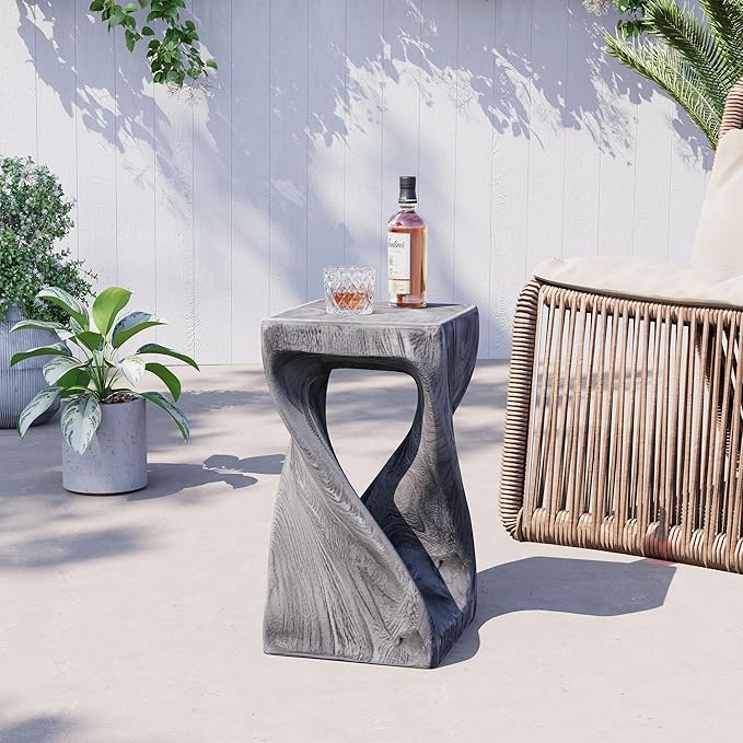 COSIEST Concrete Outdoor Side Table, Square Twisted Patio End Table with Waterproof Faux Wood Grain, Weather-Resistant & Durable Accent Stool for Garden, Porch, Deck, Balcony & Beach