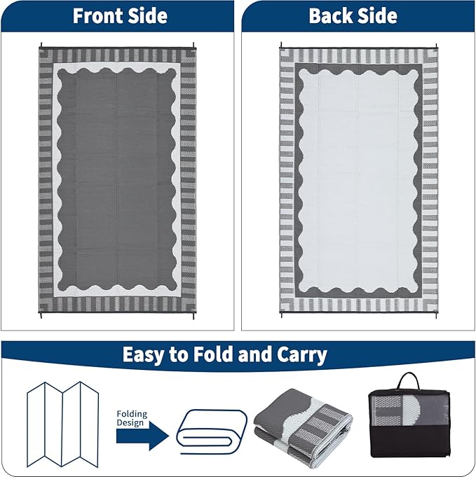 9x12 Outdoor Rug Waterproof Foldable Plastic Straw Carpet for Patio Porch Scalloped Border Reversible Mat Lightweight Floor Mat for Picnic, Backyard, Rv, Beach, Deck, Camper, Balcony，Grey