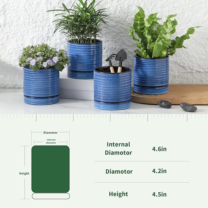 HASENSE Small Plant Pots, 4.6 Inch Porcelain Planters with Drainage Holes and Tary, Mini Pot for Flower, Succulents, Cactus, Herbs, Reactive Glaze Blue Indoor Planter, Set of 4