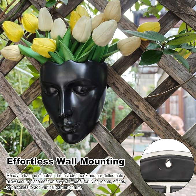 Ceramic Face Wall Planter, Black Head Vase with Drainage Hole, Modern Art Indoor Outdoor Wall Mounted Succulent Planter, Elegant Home Garden Decor