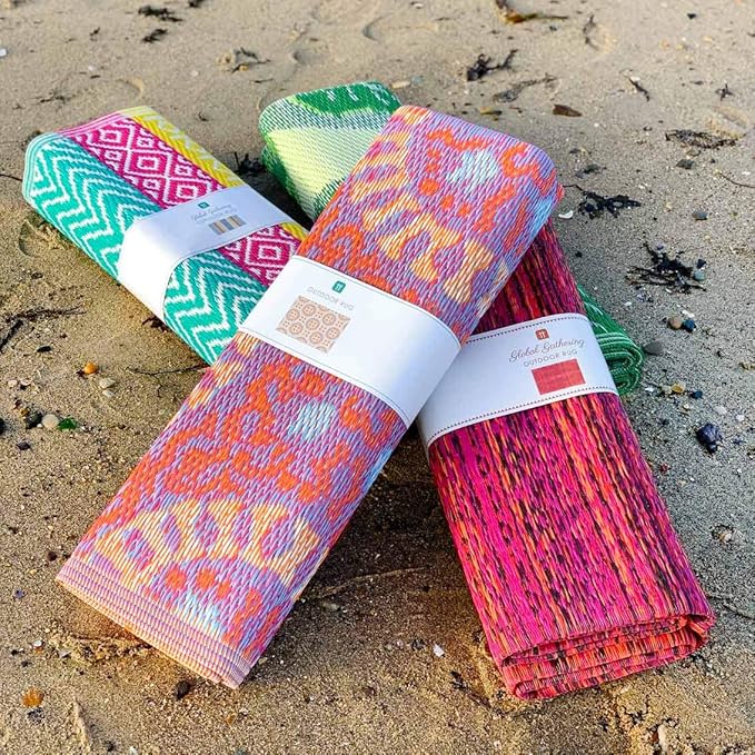 Talking Tables Boho Woven Waterproof Outdoor Rug | Plastic, Lightweight & Non Slip Mat with Double-Sided Geometric Pattern | for Garden, Patio, Decking, Bathroom, Utility, Picnic,Boho-Rug-V3