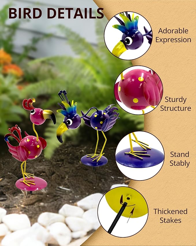 Metal Bird Statues for Outdoor Garden (with Round Base and Stake)(Weathering Resistant) 2 Pack Handcrafted Yard Bird Figurines Metal Art, Cute Lawn Ornaments Funny Decor Gift (Pink & Purple)