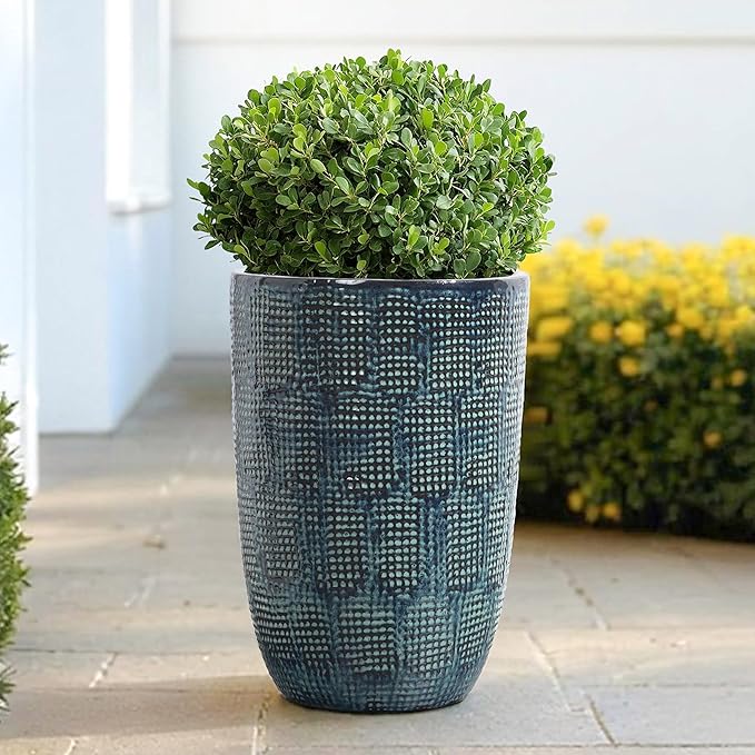 LuxenHome 17-Inch Tall Round Ceramic Planter, Large Indoor Outdoor Plant Pots with Drainage Hole and Rubber Plug, Modern Green-Blue Glazed