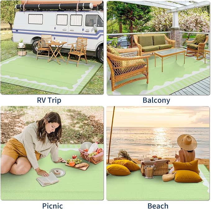 Outdoor Rug 8x10 Waterproof Patio Rugs Scalloped Border Reversible Mat for Front Door Rv Foldable Plastic Straw Carpet for Travel Trailers, Picnic, Porch, Camper, Balcony, Beach，Light Green