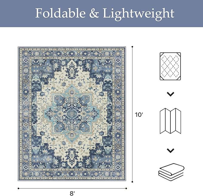 GENIMO Outdoor & Indoor Area Rug 8'x10', Waterproof, Non-Shedding, Easy Cleaning, Boho Mat for Patio, Living Room, Balcony, Dining Room, RV, Deck, Bedroom, Camping, Outside Carpet,Center Blue