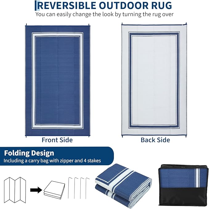 Outdoor Rugs 8x10 for Patio Waterproof Floor Mats Modern Bordered Plastic Straw Large Area Rugs Lightweight Reversible Mat Carpet for RV Backyard Balcony Porch Blue/White