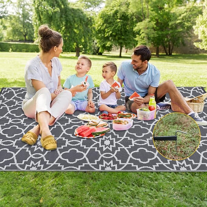 GAOMON Outdoor Rug Waterproof 8x10 Modern Camping Carpet for Patio, UV-Resistant Outdoor Plastic Straw Rug, Geometric Floral Reversible Floor Mats for Picnic, Porch, Deck, Beach, Grey/White(Floral)