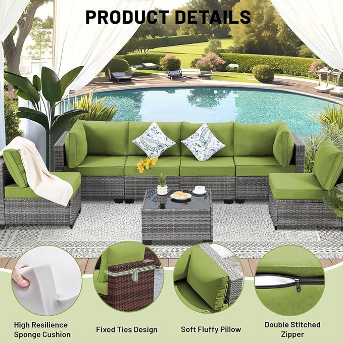 14 Piece Outdoor Sectional Cushions, Water-Resistant Outdoor Sofa Cushions Replacement, 4" High Density Foam Patio Furniture Cushions Fits 6-seat Rattan Conversation Set (Olive Green)