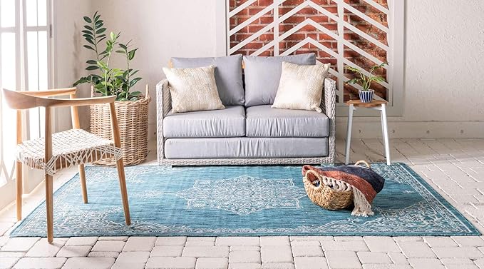 Unique Loom Outdoor Traditional Collection Area Rug - Antique (8' x 11' 4" Rectangle, Teal/ Gray)