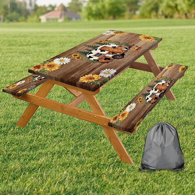 Picnic Table Cover with Bench Covers, Sunflower Wood RV Essentials Waterproof Windproof Camping Tablecloth with Drawstring Bag, for Indoor & Outdoor, Garden, Camping 3PCS, 72in, Brown