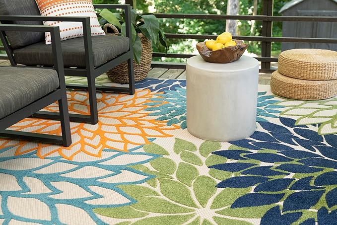 Nourison Home Aloha Indoor/Outdoor Multicolor 7'10" x 10'6" Area Rug, Tropical, Botanical, Easy Clean, Non Shedding, Bed Room, Living Room, Dining Room, Deck, Backyard, Patio (8x10)