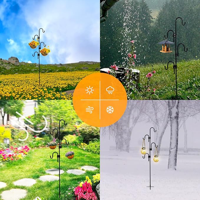 Shepards Hooks for Outdoor Adjustable Bird Feeder Pole with 5 Base Prongs 76 Inch Heavy Duty Garden Hanging Holder for Lanterns, Solar Lights, Bird Feeder, Wedding, Planter Pot-4 Hooks