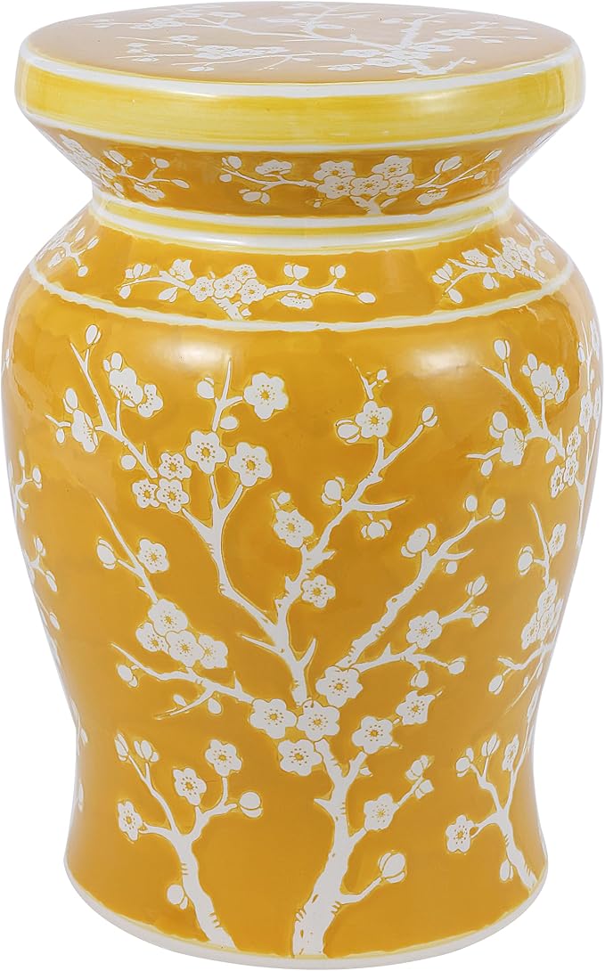 JONATHAN Y TBL1017E Cherry Blossom 17.75" Ceramic Indoor/Outdoor Garden Stool Coastal, Contemporary, Transitional, Patio, Garden Room, Bathroom, Living Room, Yellow/White