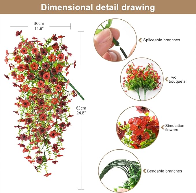 Artificial Hanging Flowers Plants for Outdoor Spring Decoration, 2PCS Faux Silk Daisy UV Resistant Look Real for Outside Home Indoor Planter Porch Garden Yard Decor(Red Brown)
