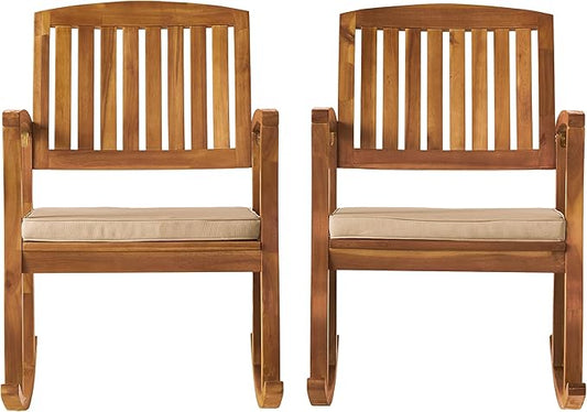 Christopher Knight Home Selma Acacia Rocking Chairs with Cushions, 2-Pcs Set, Teak Finish