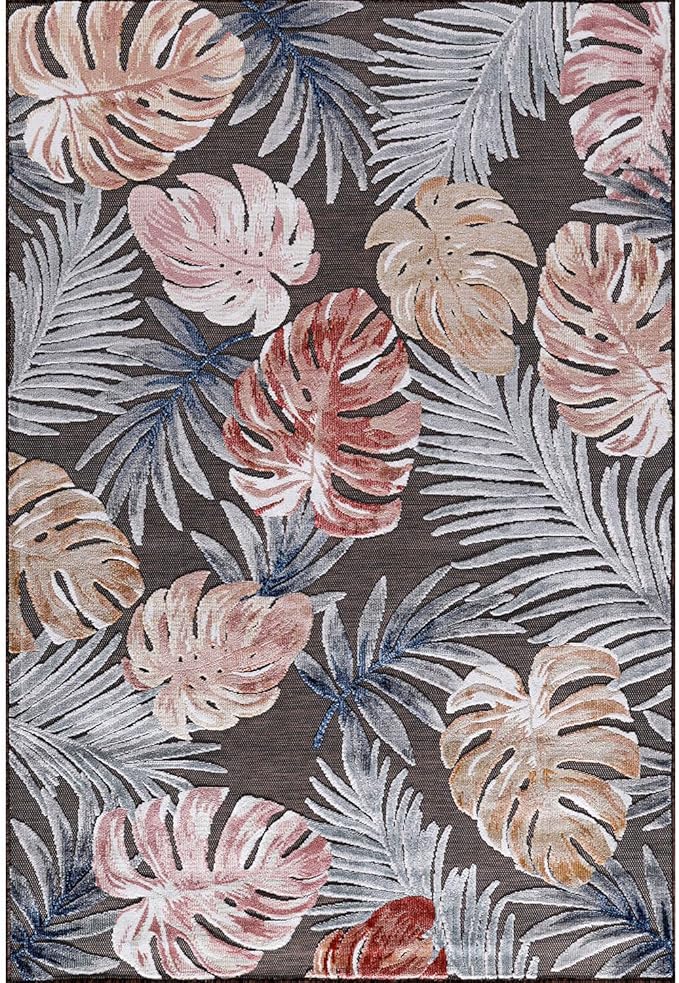 CAMILSON Indoor Outdoor Rug, Brown 5x7 Leaf Tropical Botanical Area Rugs for Indoor and Outdoor patios, Easy-Cleaning Non-Shedding Living Room, Garden and Kitchen Washable Outside Carpet (5 x 7)