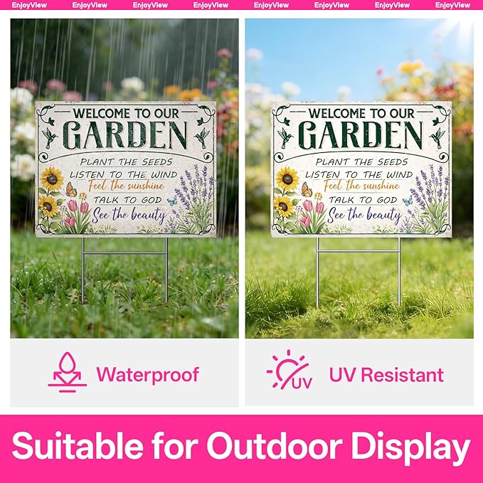 Funny Garden Sign with H Stake 24"x18" Large Vintage Sign for Outside Greenhouse Corrugated Plastic Yard Decor Gardening Gifts for Women " WELCOME TO OUR GARDEN"