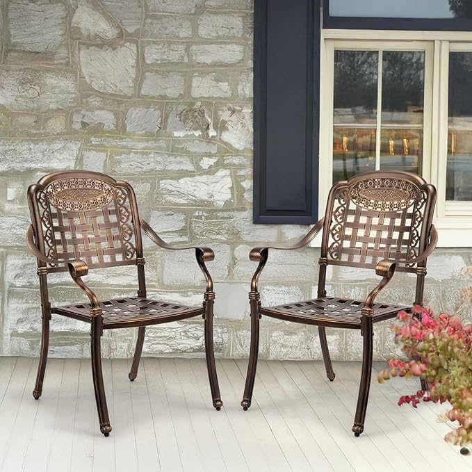 VINGLI Patio Chairs Set of 2 - Stackable Outdoor Cast Aluminum Dining Chairs with Vintage Bronze Finish and Plaid Pattern, Metal Armchairs for Poolside, Backyard, Balcony (No Cushion)