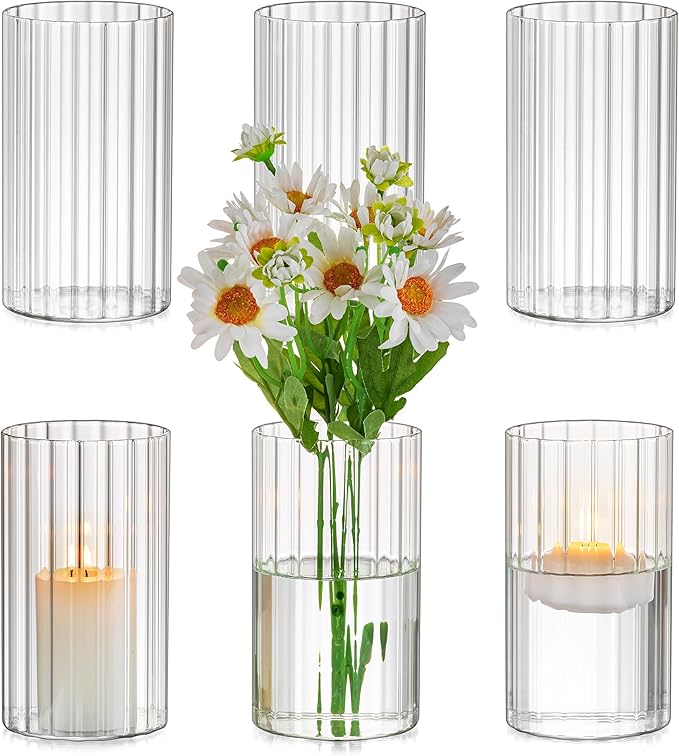 Glasseam Glass Cylinder Vases for Centerpieces: 6pcs Clear Ribbed Flower Vases for Pillar Candle - 6 Inch Modern Hurricane Floating Candle Holder for Wedding Table Centerpieces Living Room Home Decor
