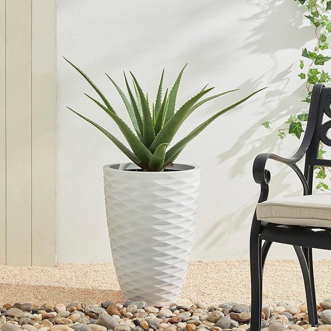 Glitzhome 19" H Large Planters for Outdoor Plants, Set of 2 Large Flower Pots with Drainage Holes, Round Faux Ceramic Wave Textured, White Tall Planters for Porch Garden Indoor Outdoor Use