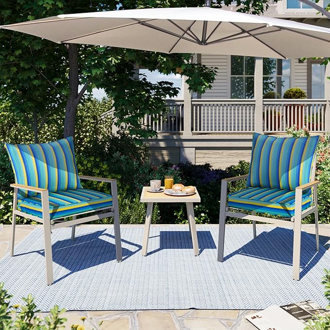 Outdoor Deep Seat Cushion Set 19 x 19 Inch, Waterproof Fade Resistant Patio Furniture Deep Seat & Backrest Cushion Set with Removable Cover for Pation Furniture(Stripe Beach, 19" x 19" + 19" x 16")