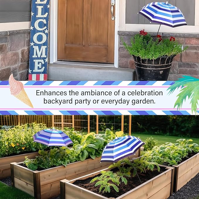 Abbylike 2 Set Plant Umbrellas for Outdoor Plants, Garden Umbrella Shade for Potted Plants and Garden Beds Plant Cover for Sun Summer Beach Terrace Lawn Swimming Pool (Stripe,Blue and White)