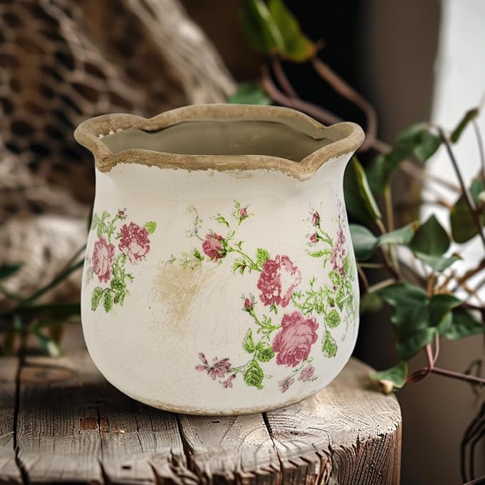 Rustic Ceramic Planter, 6 Inch Tuscan Vintage Flower Pot with Drainage, Farmhouse Garden Pot for Indoor Plants, Kitchen & Garden Tuscan Decor, Plant Lover Gift (Pink)