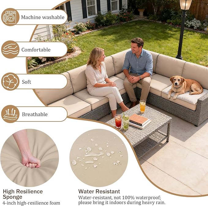 14 Pcs Outdoor Replacement Cushions for Patio Furniture, All Weather Water Resistant Cushion for 6 Seat Rattan Wicker Sectional Patio Conversation Sets and Couch (Khaki)
