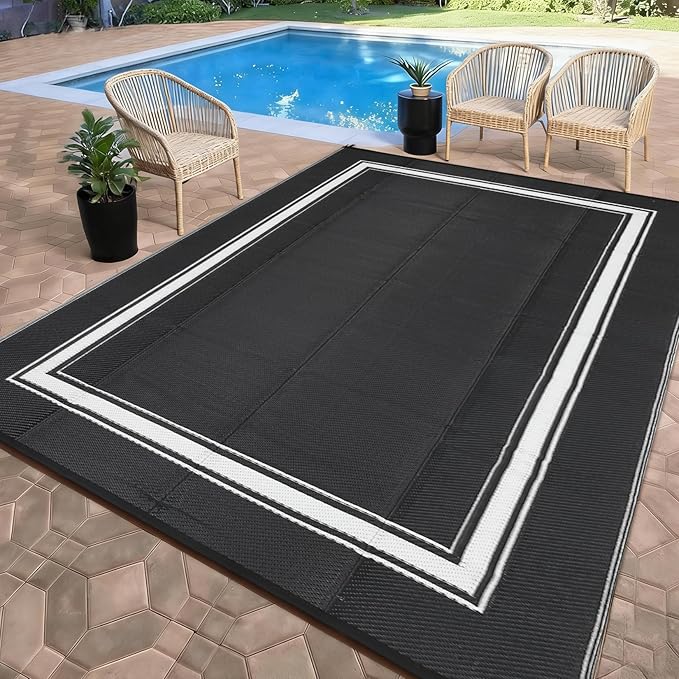 Waterproof Outdoor Rug 9x12 Reversible Plastic Straw Rug Modern Bordered Large Floor Carpet UV Resistant Camping Mat for Outsides RV Patio Backyard Picnic Deck Black/White