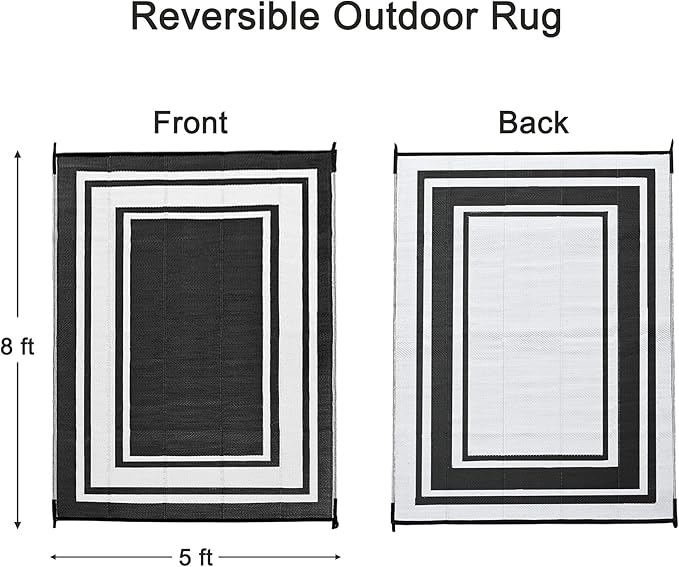 RURALITY Plastic Straw Outdoor Mats 5 ft by 8 ft for Patios Waterproof Rugs for Backyard,Porch,Deck,Balcony,Reversible,Black and White